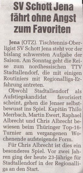 SV SCHOTT Jena fährt ohne Angst zum Favoriten